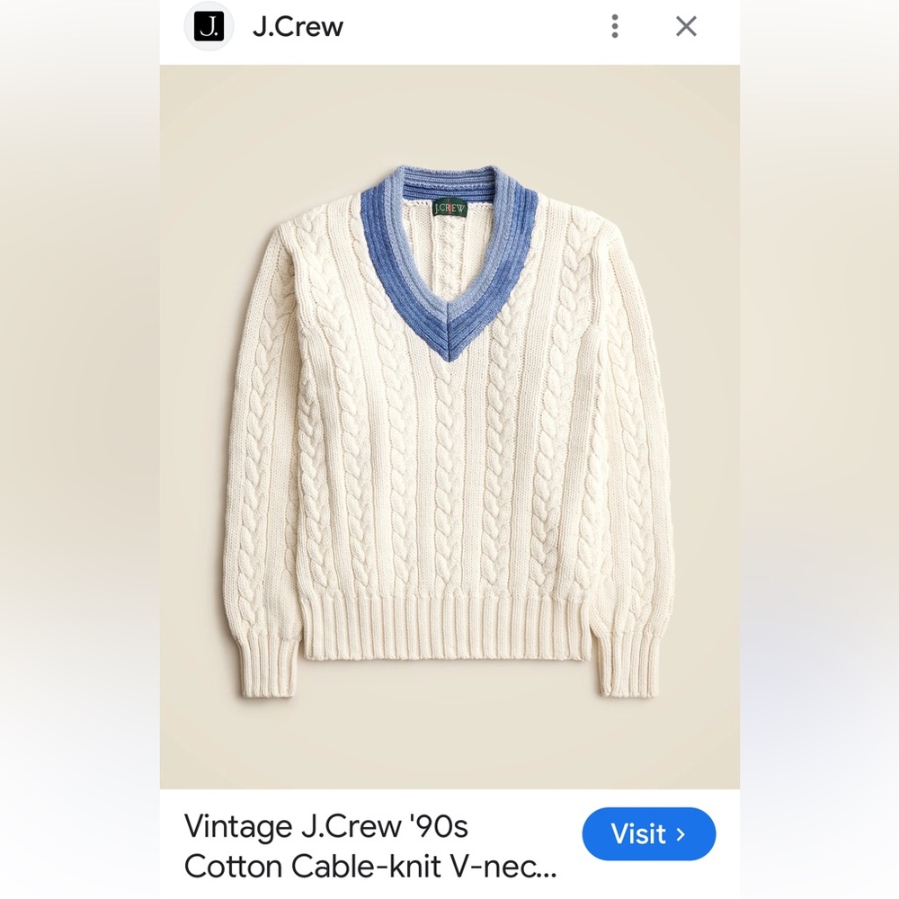 Vintage 90’s J.Crew Oarsman Cotton cable knit V neck sweater. Men’s Large . Rare